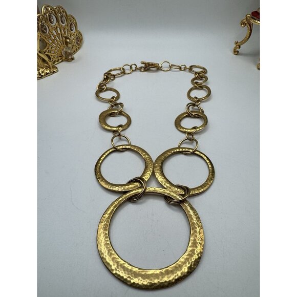 Vintage Ralph Lauren Hammered Gold Tone Necklace Open Circle Disk Toggle - Picture 5 of 8
